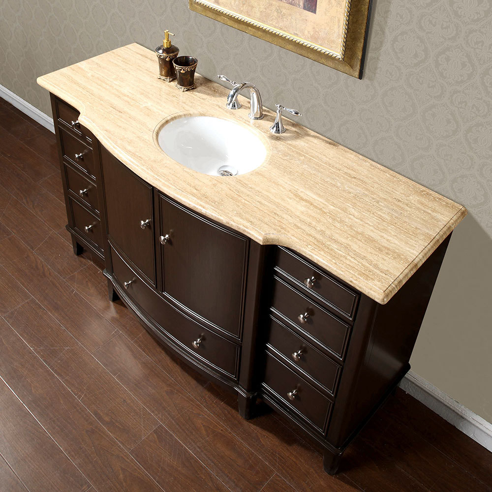 60-inch Travertine Stone Counter Top Bathroom Single Sink Vanity Cabinet 0237TR