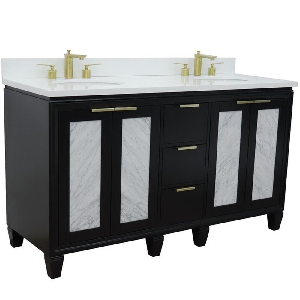 Pemberly Row 61″ Double Oval Sink Solid Wood Vanity in Blue/White Quartz Stone