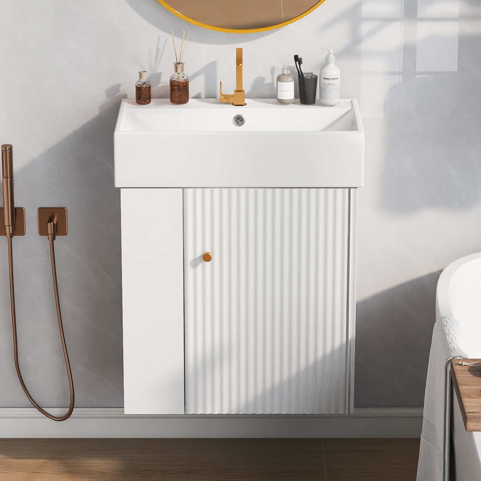21.6inch Modern Floating Bathroom Vanity with Ceramic Basin Left side storage