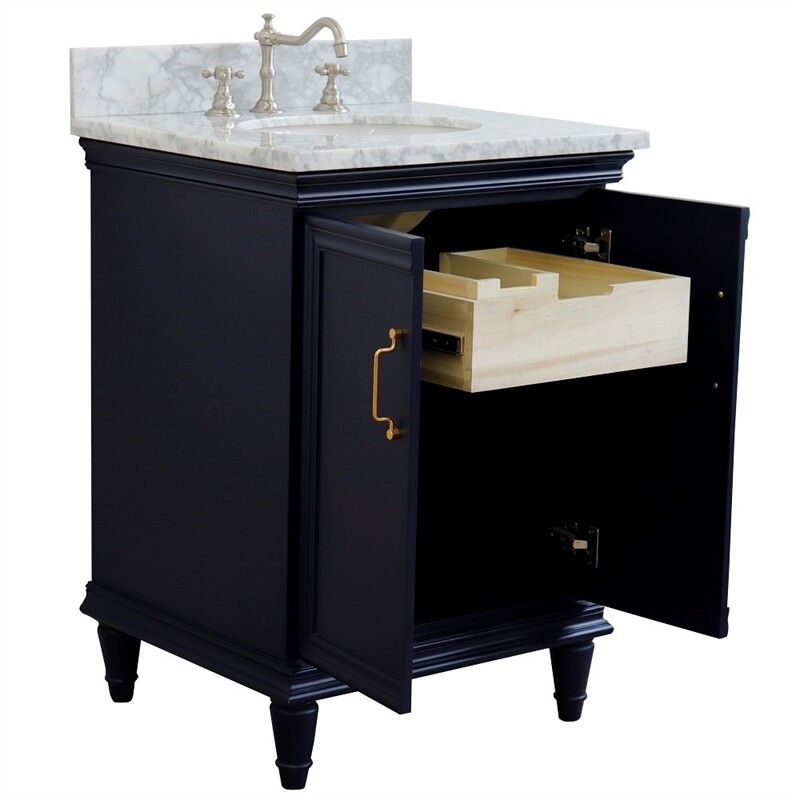 25 in. Single Wooden Vanity Blue with White Carrara Oval Sink