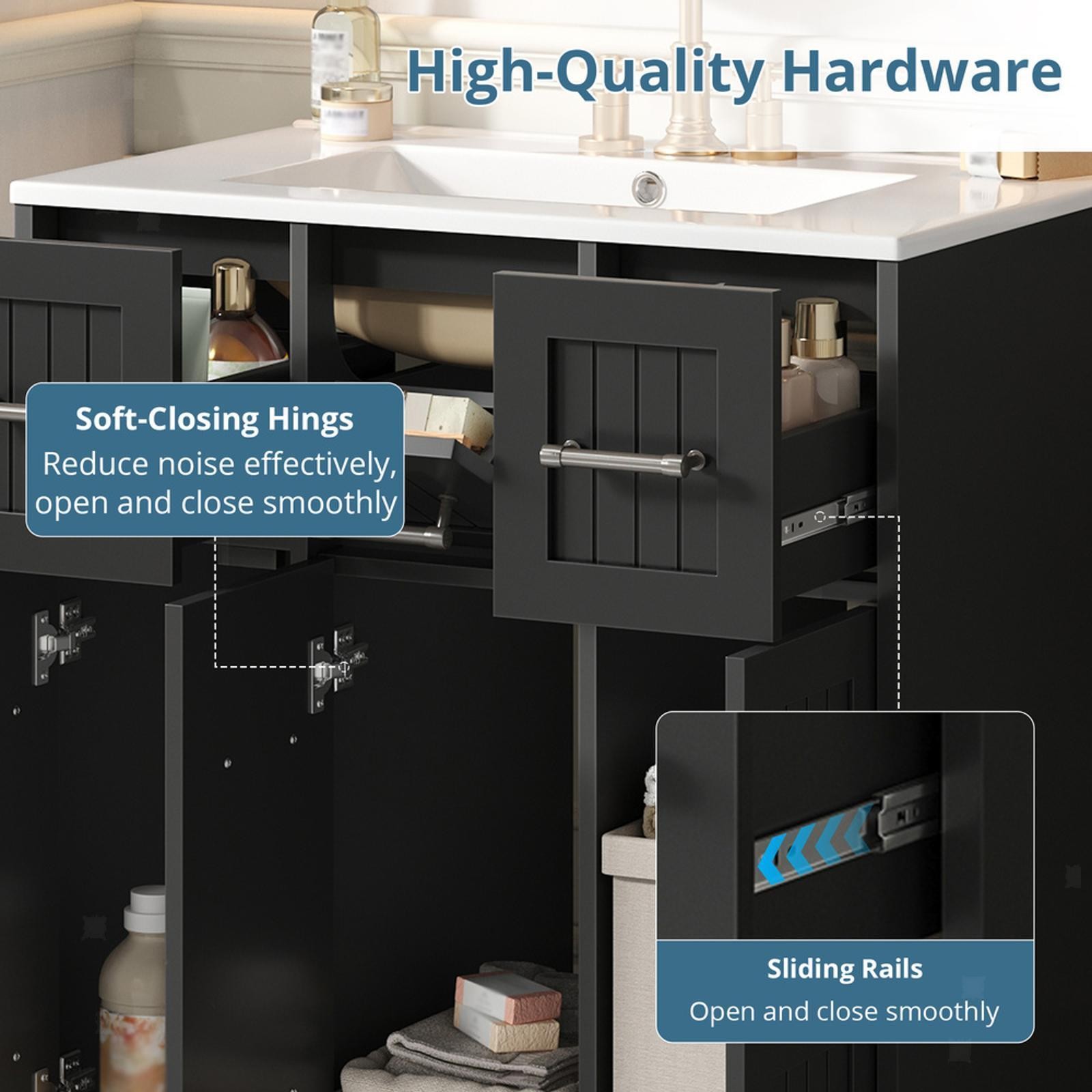 30-Inch Bathroom Vanity with Soft-Close Hinges, Tip-Out Drawer, and Painted