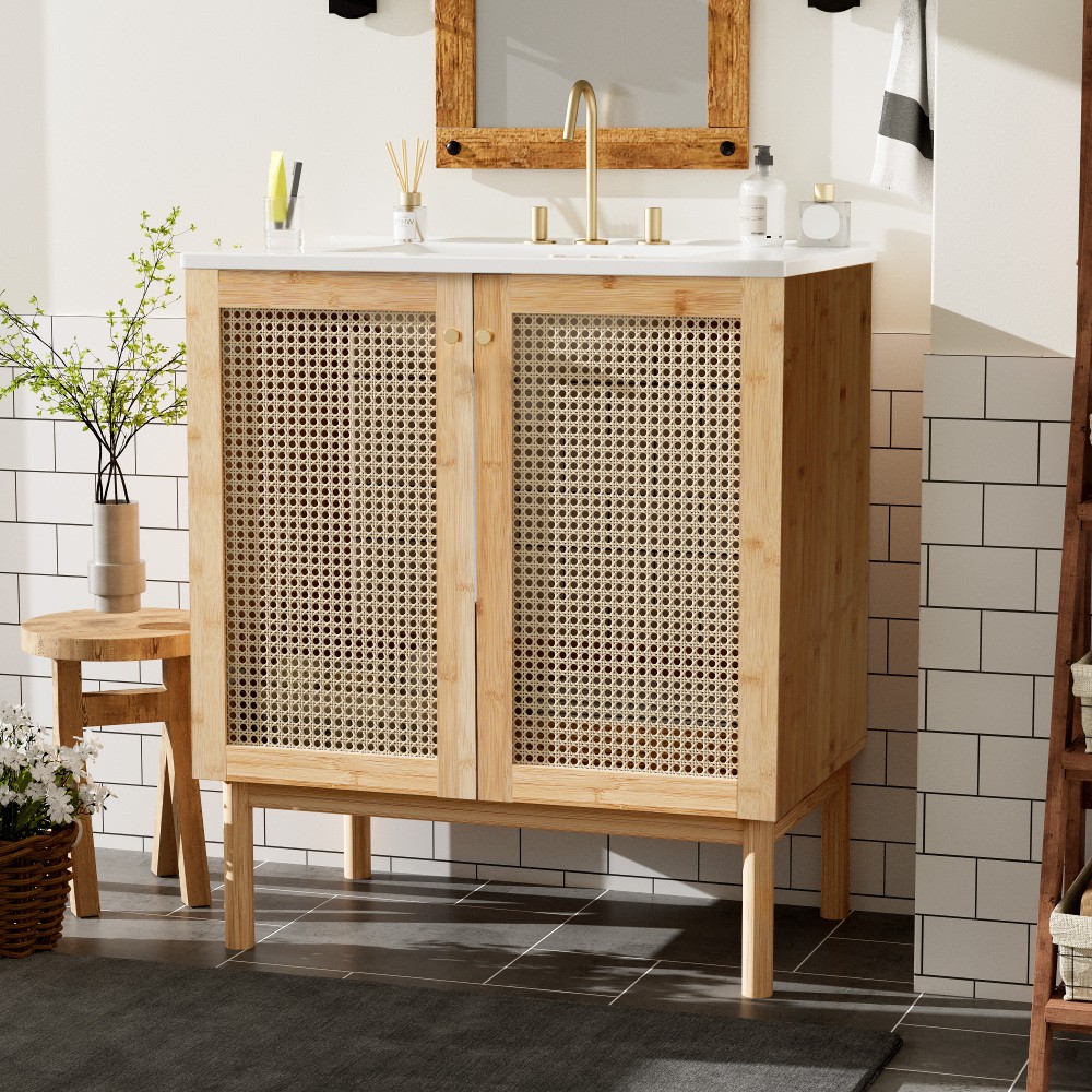 30″ Bath Vanity Ceramic Sink Soft Close Handwoven Rattan Doors Storage Cabinet