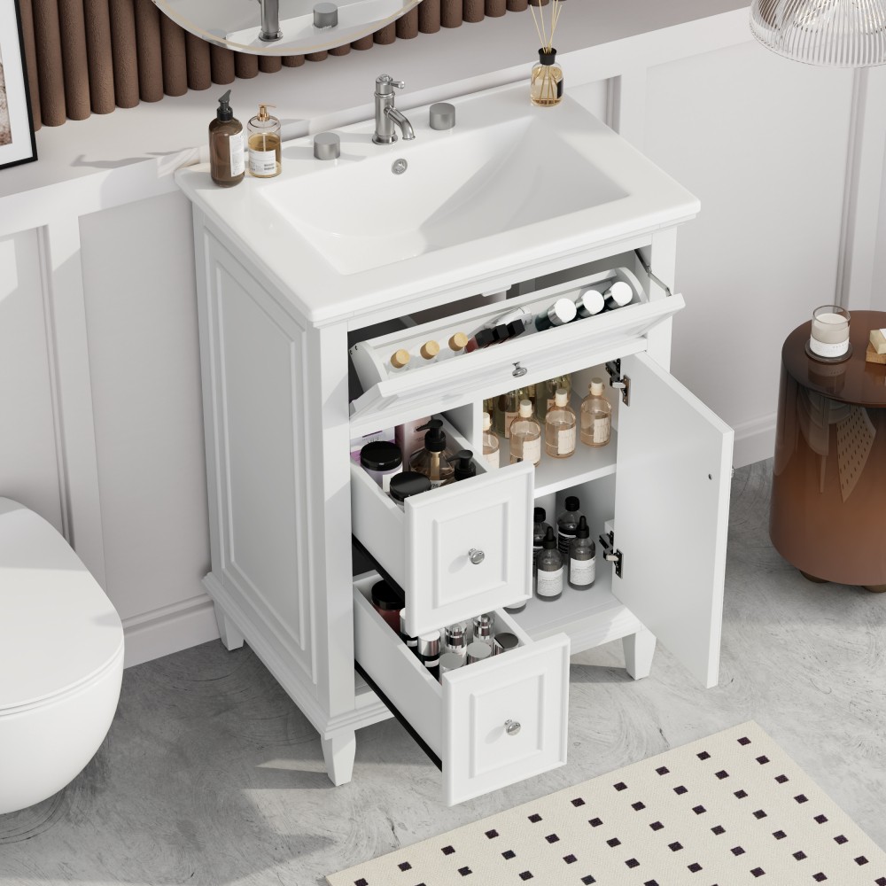 24 Inch White Bathroom Vanity with Ceramic Sink Solid Wood MDF Cabinet