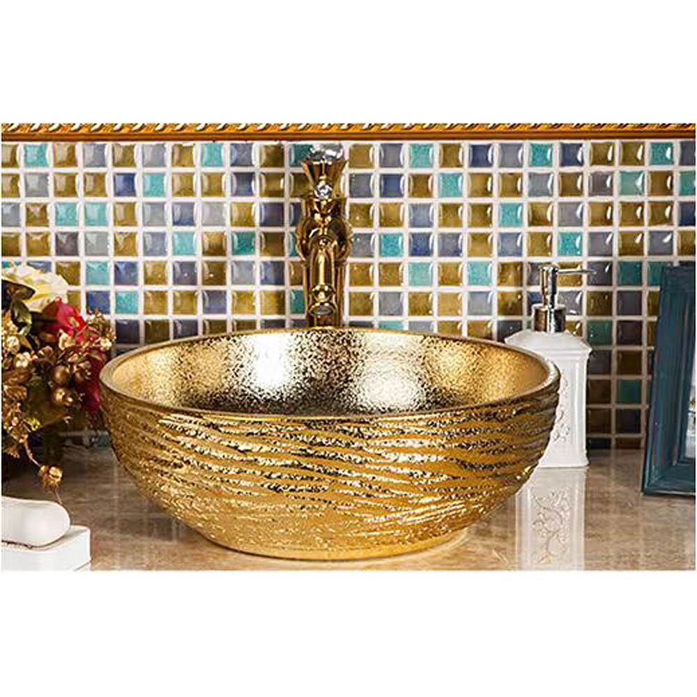 US Seller – 16in Abstact Design Gold Textured Oriental Porcelain Basin