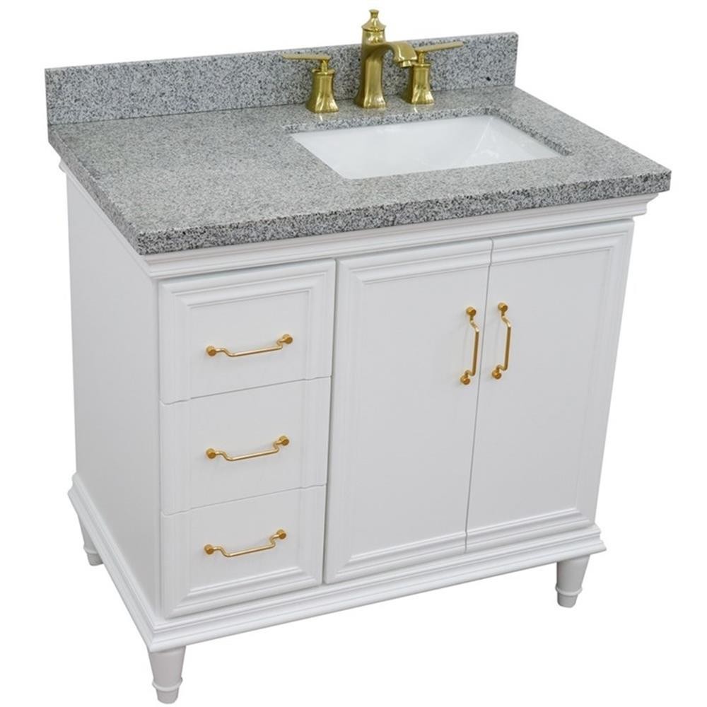 37 in. Single Wooden Vanity White Gray Granite Rectangle Right Door.Right Sink