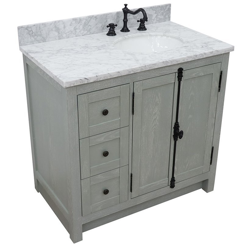 Plantation Solid Wood Vanity with Right Oval Sink in White/Gray Ash