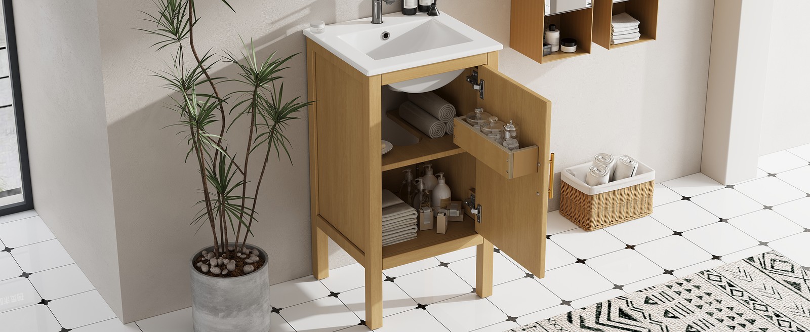 18″ Bathroom Vanity Cabinet with Ceramic Sink, Natural Wood