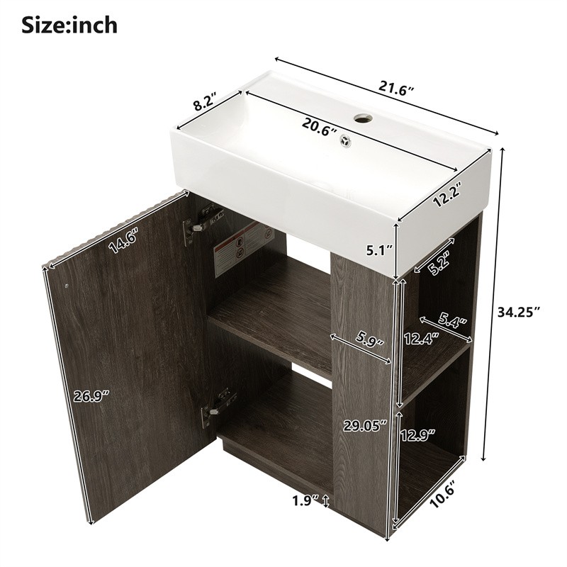 21.6″ Bathroom Vanity with Single Sink,Freestanding Left Door Wood Grain Cabinet