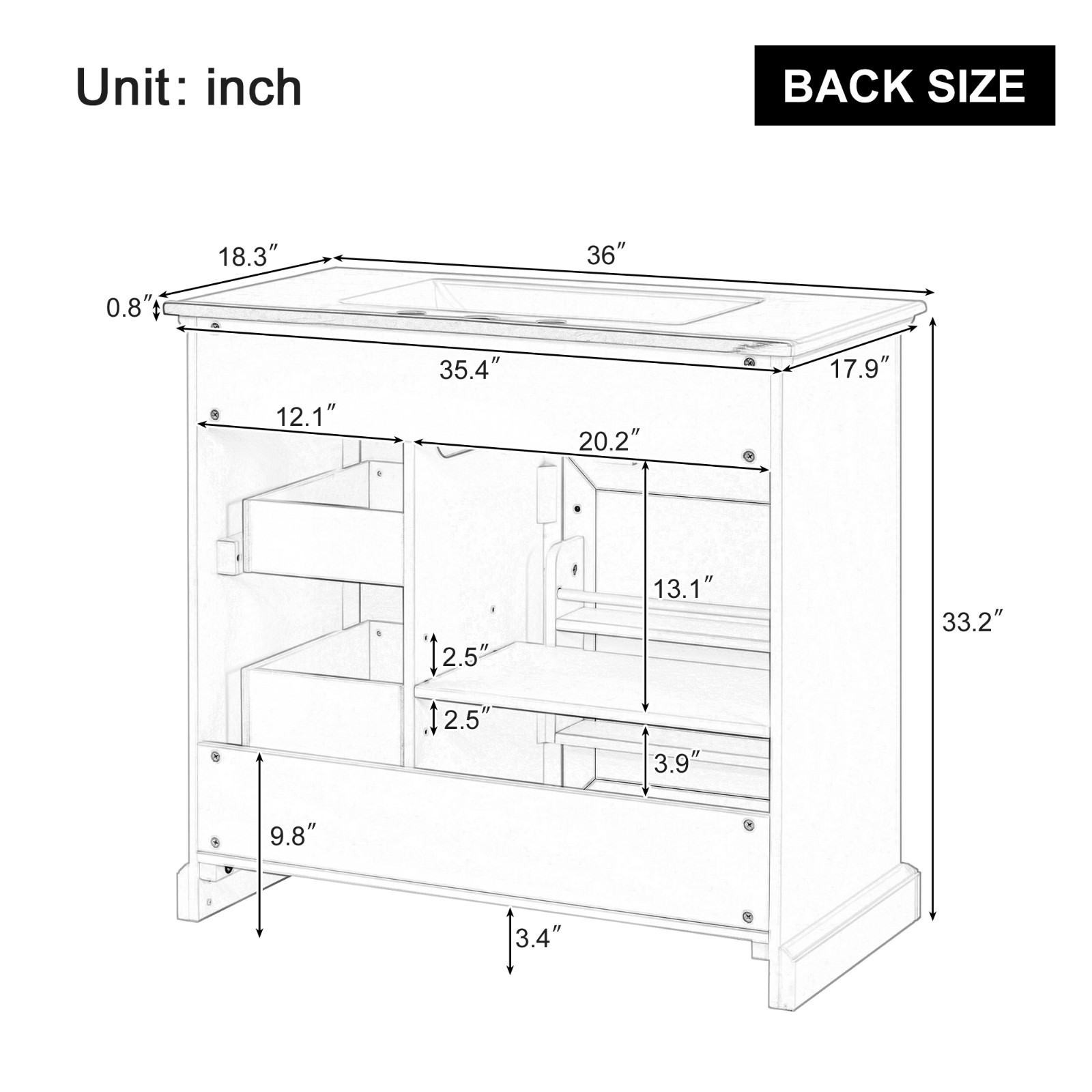 36″ Bathroom Vanity With Ceramic Sink Storage Drawers Doors 3 Faucet Holes