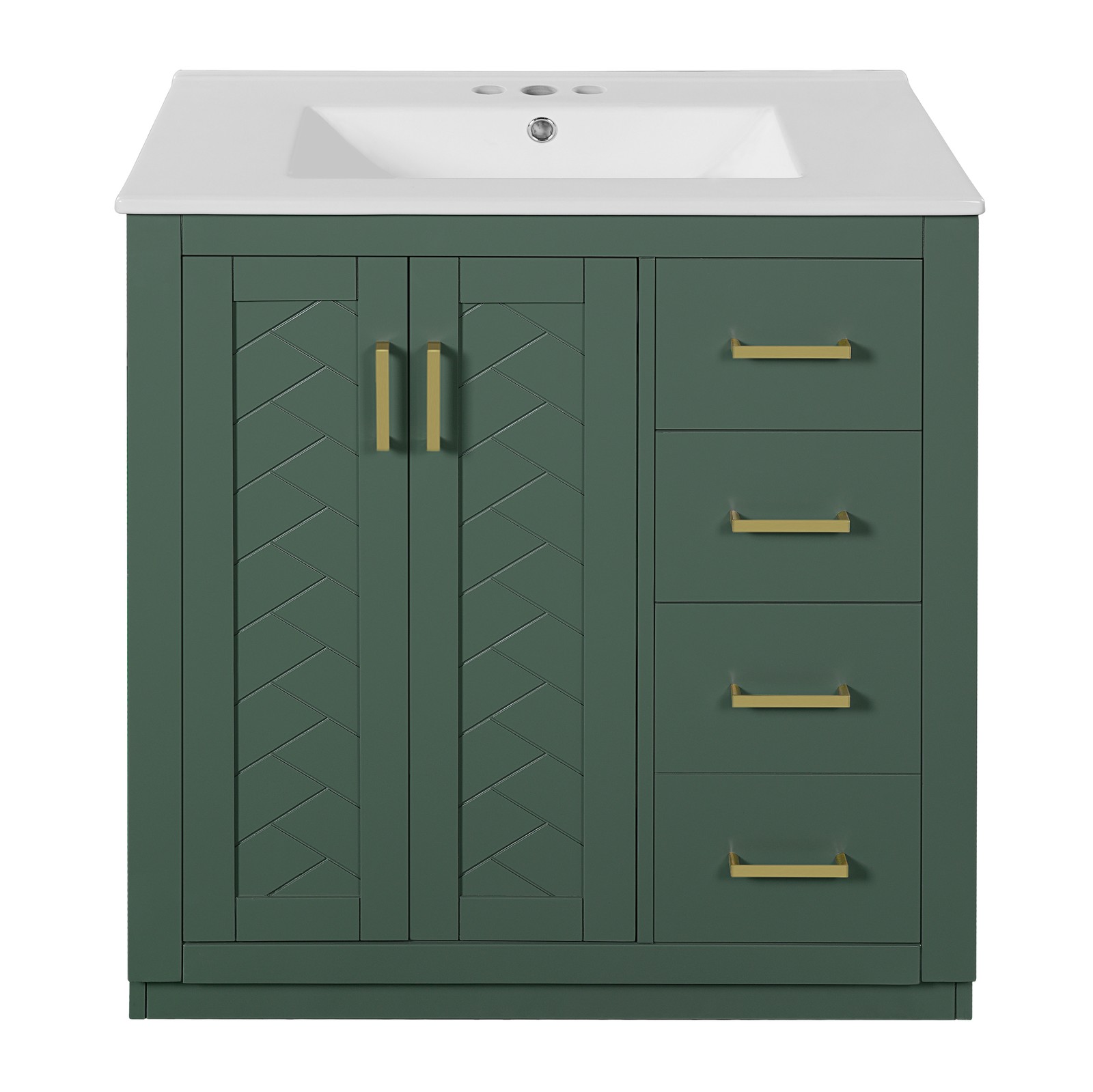 30″ Bathroom Vanity with Ceramic Sink, Solid Wood Frame, 3 Drawers