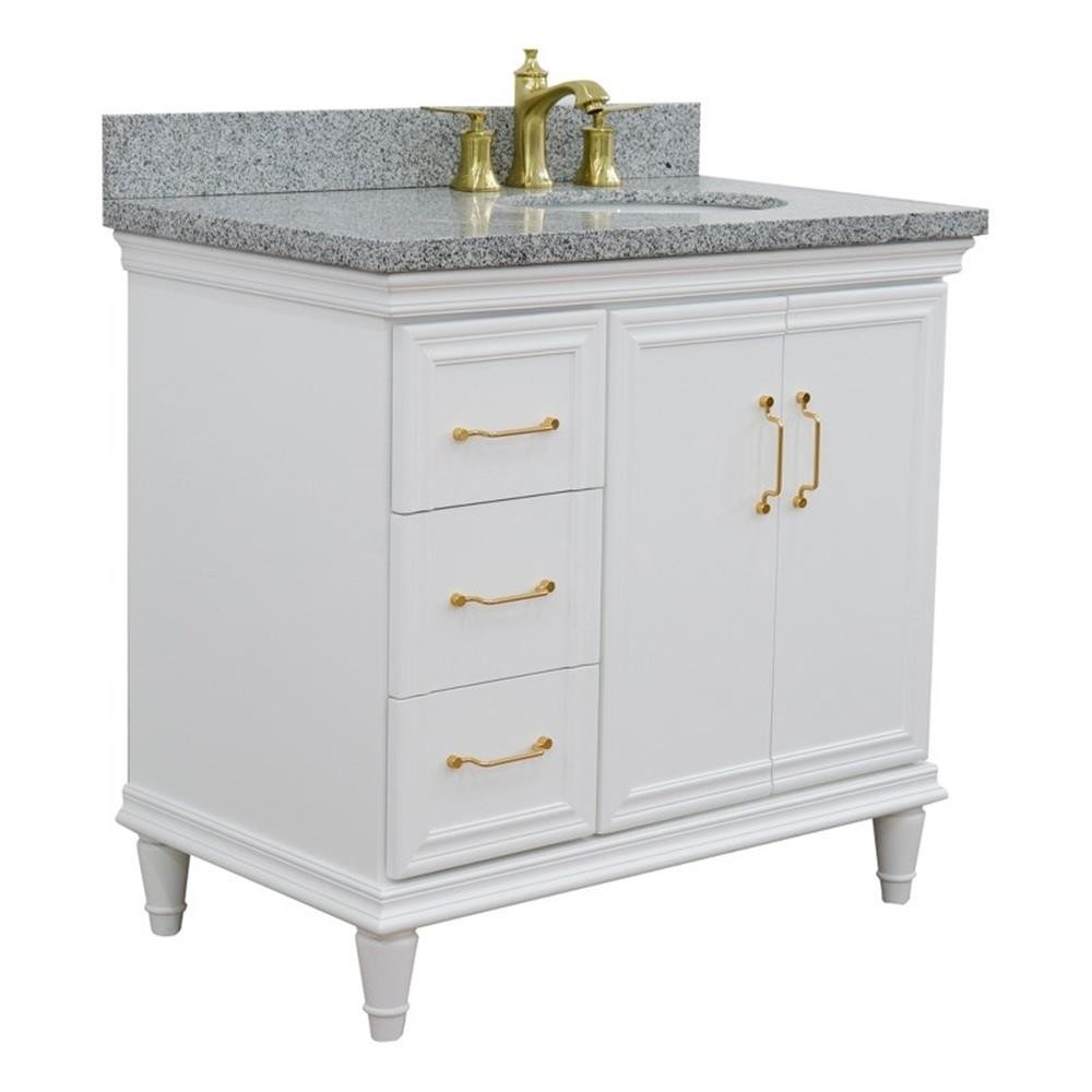 Pemberly Row 37″ Single Wood Vanity White Gray Granite Oval Right Door & Sink
