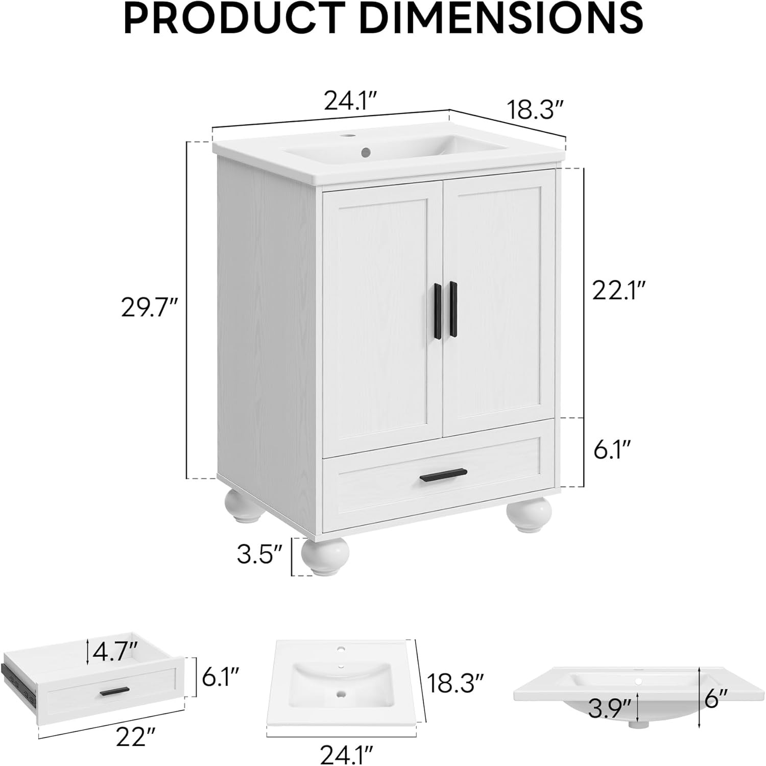 Elegant 24″ White Bathroom Vanity with Ceramic Sink & Solid Wood Legs