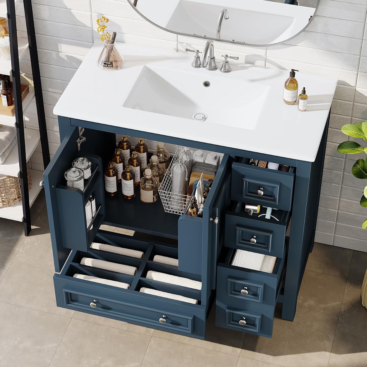 36″Bathroom Vanity with Sink, Freestanding Bathroom Vanities Cabinet w/ 4 Drawer
