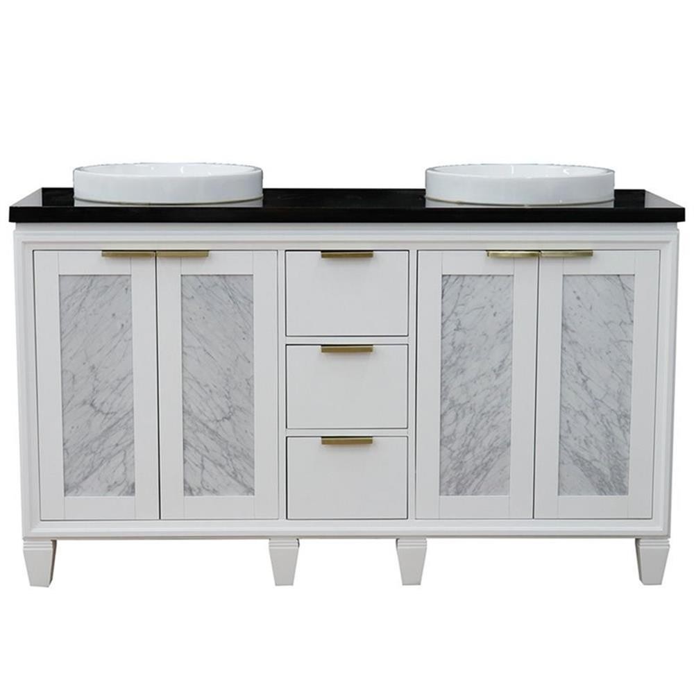 Trento 61″ Double Round Sink Solid Wood Vanity in White/Black Galaxy