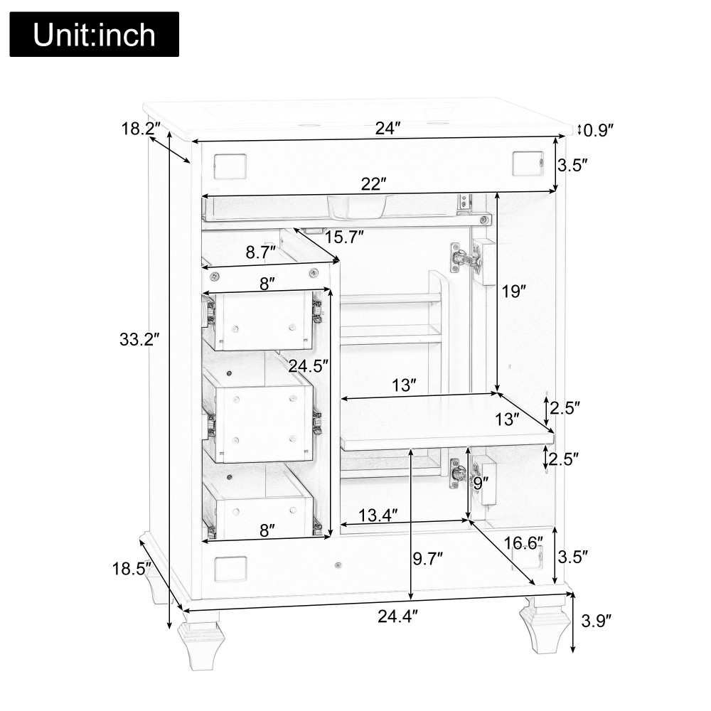 24″ Freestanding Vanity with Ceramic Sink & 3 Drawers, Solid Wood & MDF, Green