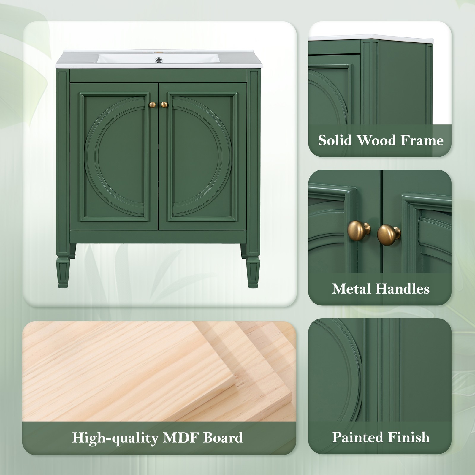 30″ Bathroom Vanity with Ceramic Sink, Two Doors & Drawer, Green