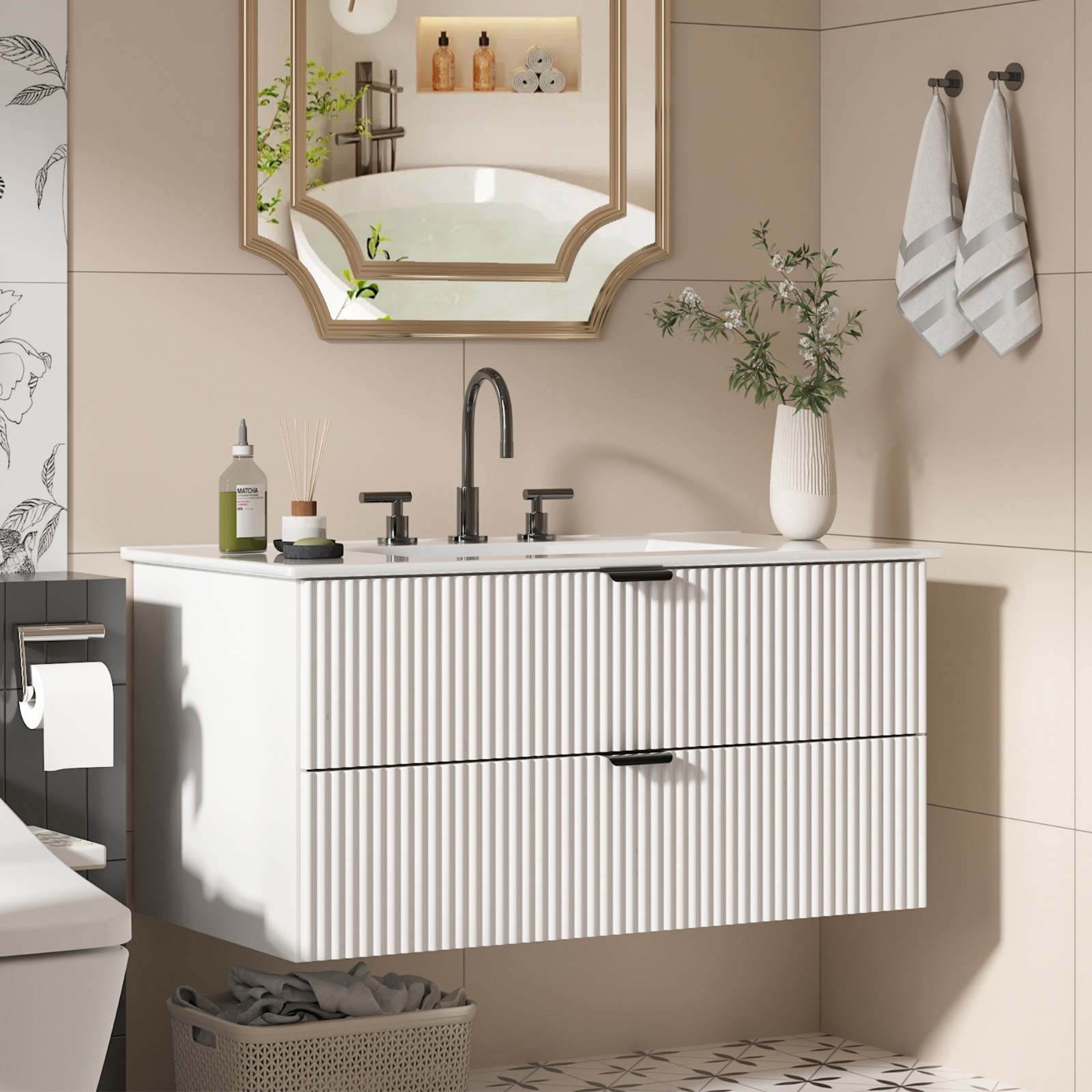 24″ 30″ 36″ Wall Mounted Bathroom Vanity w/Sink Floating Vanity Cabinet 2 Drawer