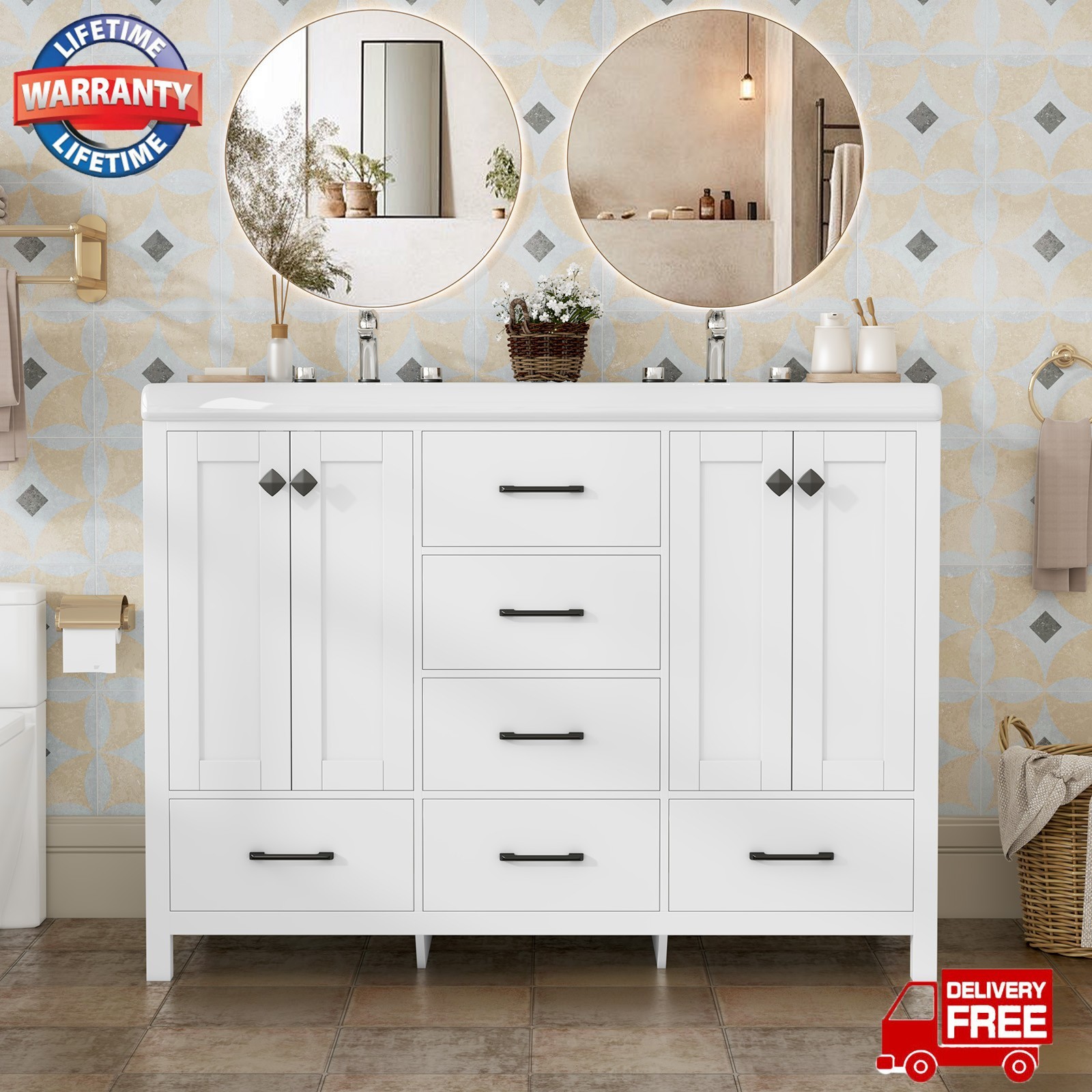 47″ Bathroom Vanity with Double Ceramic Sink and Cabinet Freestanding +Drawers