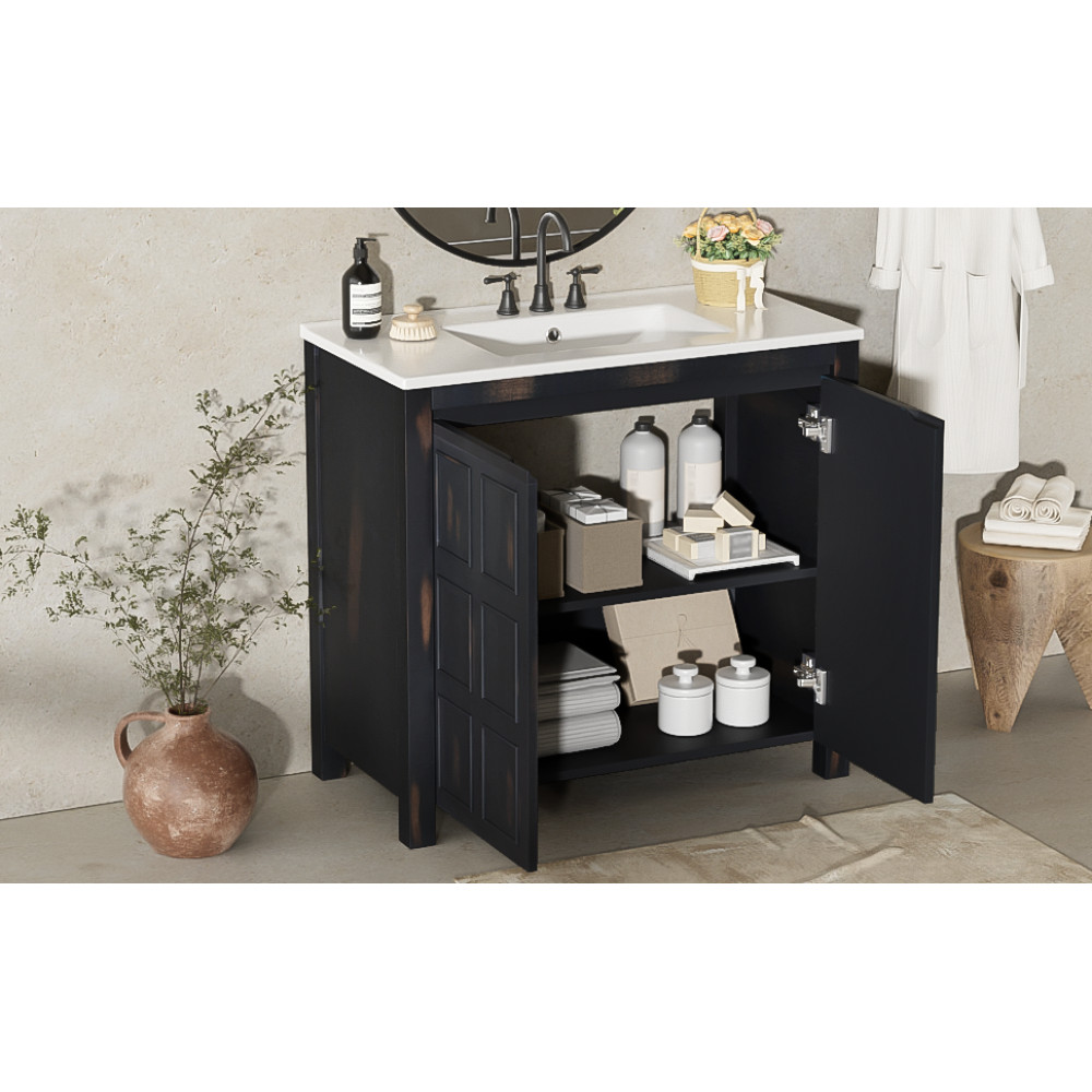 36″ Vintage Bathroom Vanity w/Ceramic Sink,Solid Wood Frame,Soft Close Doors