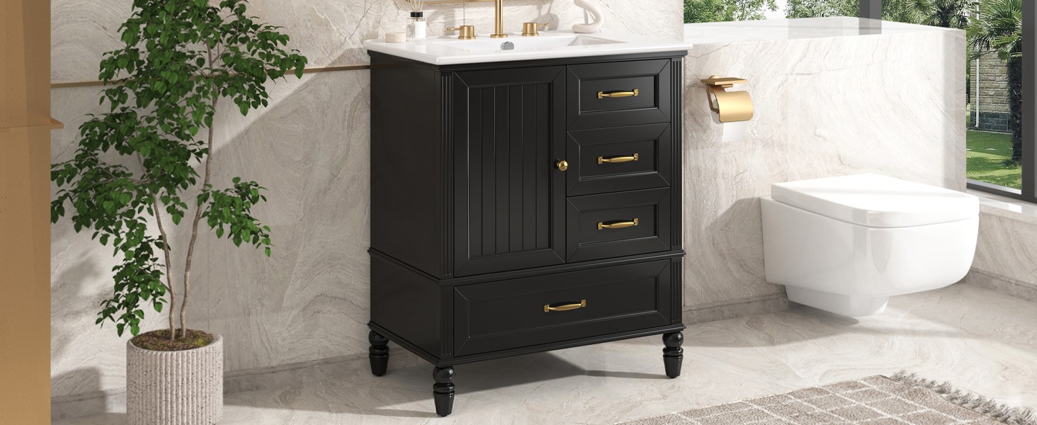 30″ Bathroom Vanity with Sink & Cabinet, Black, Solid Wood & MDF