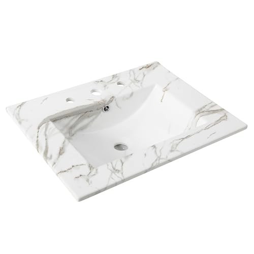 24” Rectangular Ceramic Vanity Top – Classic Contemporary Sink Basin, White Marb