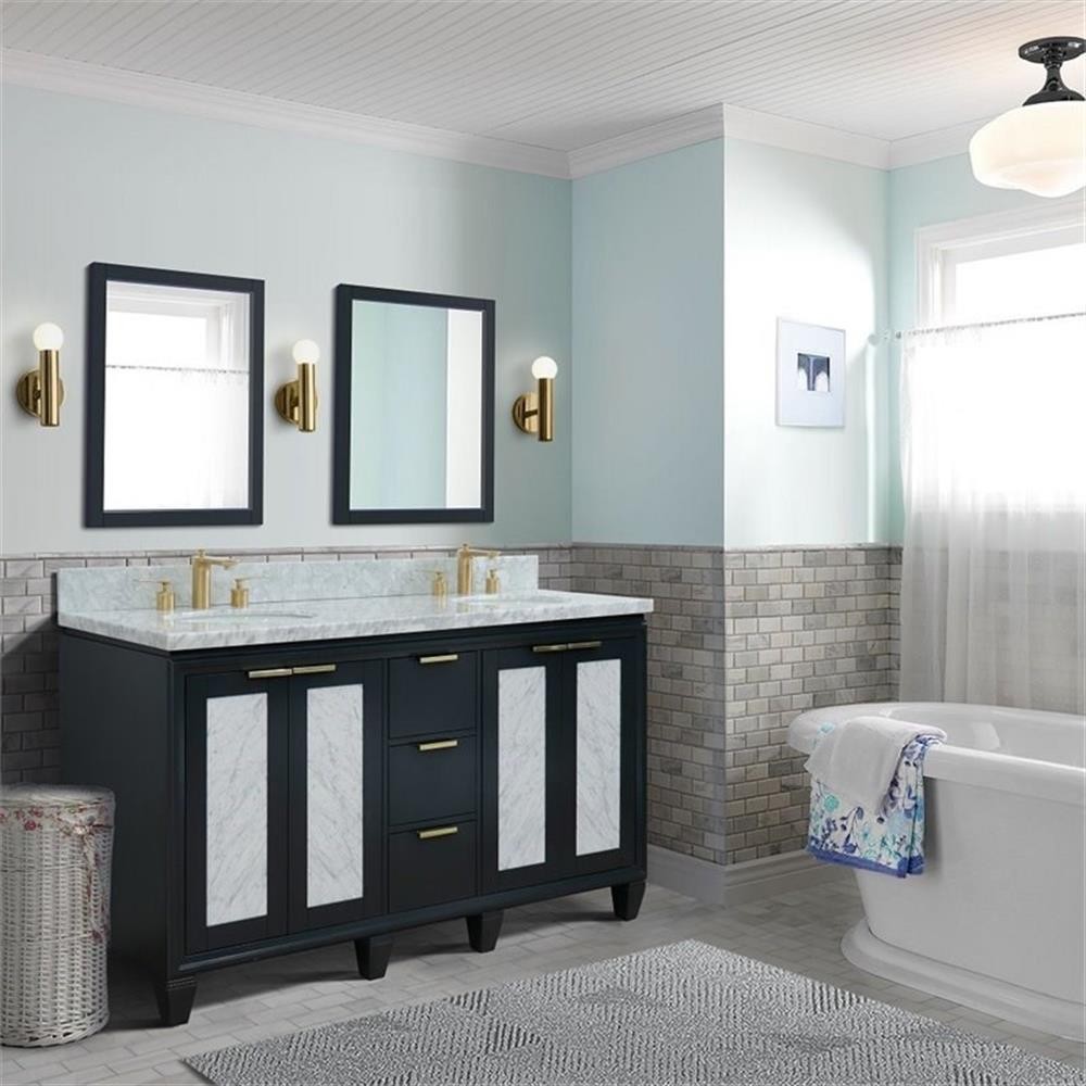 Pemberly Row 61″ Solid Wood Double Oval Sink Vanity in Dark Gray/White Carrara