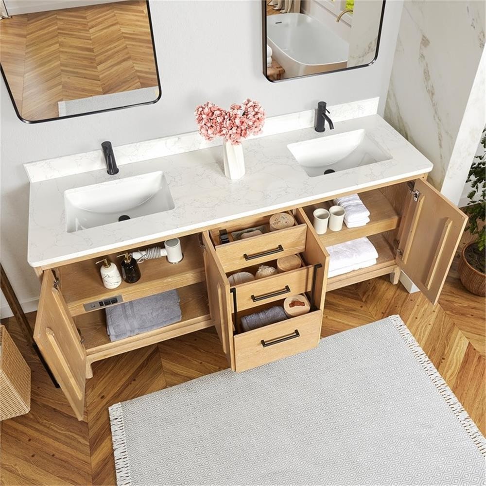 Gara 72″ Double Bath Vanity in Washed Ash Grey w/ White Grain Composite & Mirror