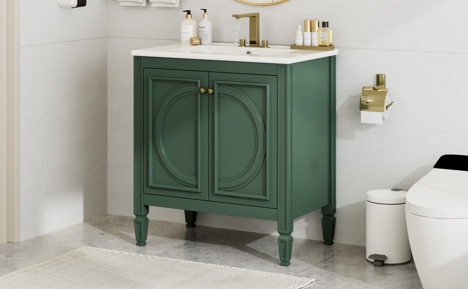 30″ Bathroom Vanity with Ceramic Sink, Two Doors & Drawer, Green