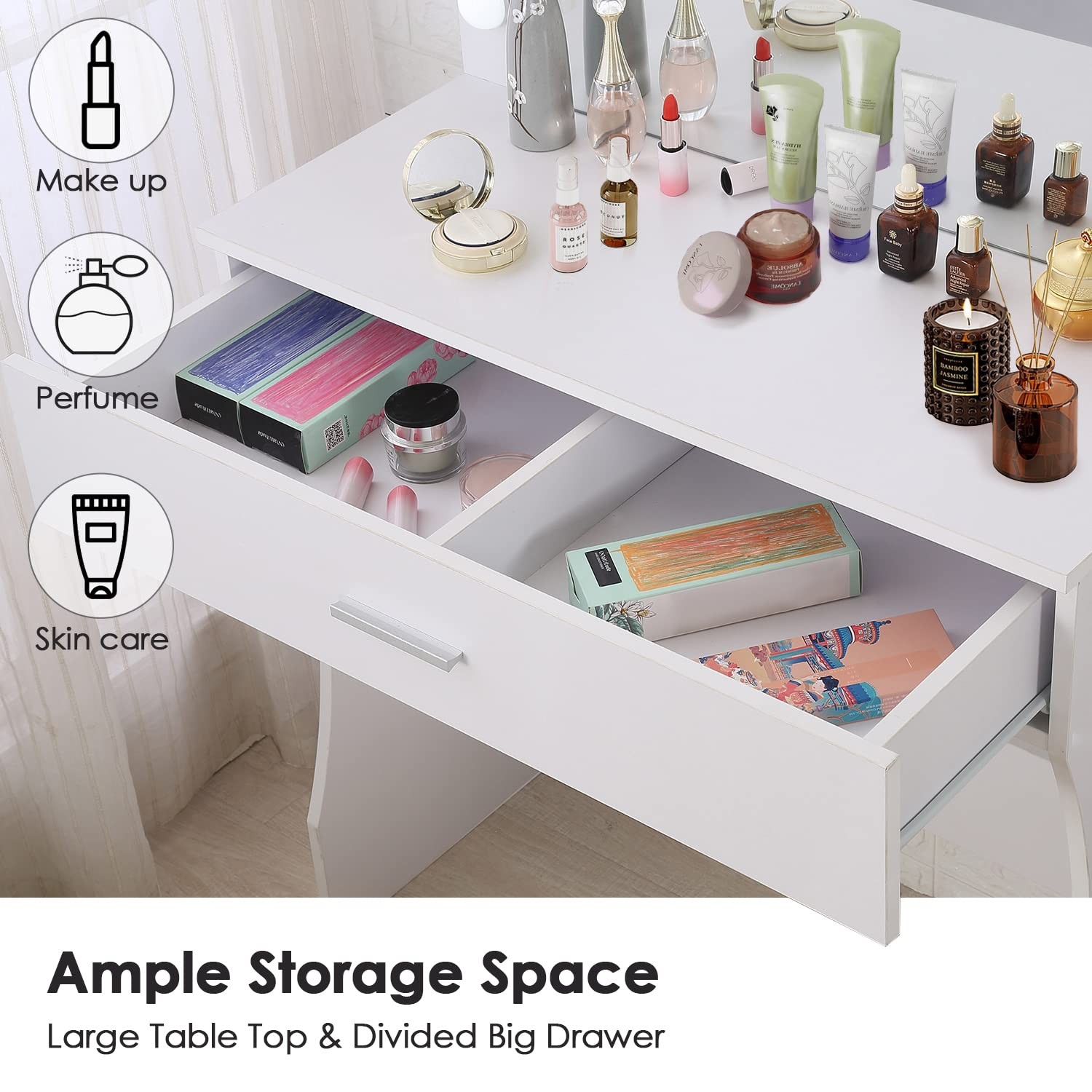 Makeup Vanity Desk with Lights Dimmable Large Drawer Sturdy Bedroom Studio White