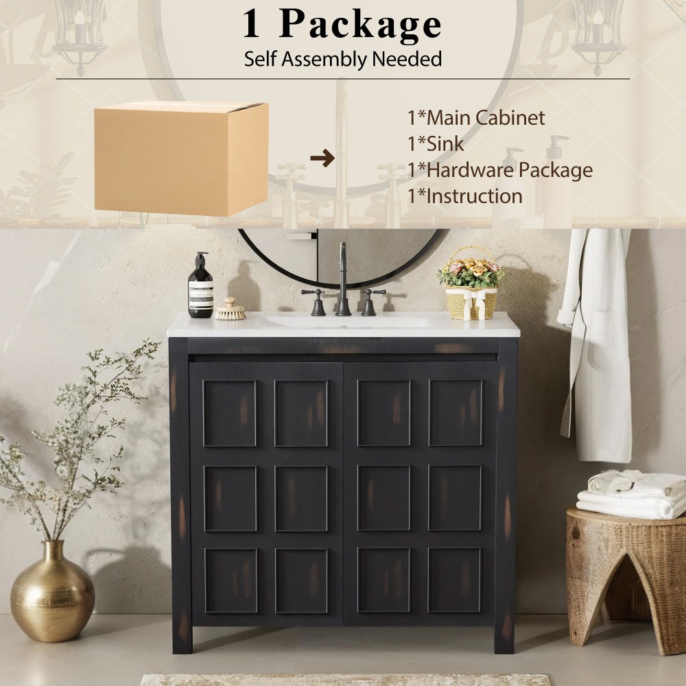 36″ Vintage Bathroom Vanity w/Ceramic Sink,Solid Wood Frame,Soft Close Doors