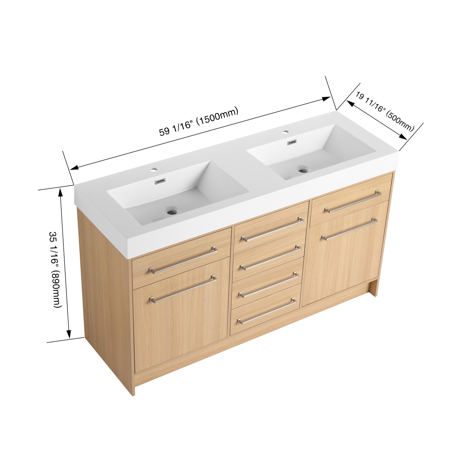 60 in Plywood Bathroom Vanity Freestanding W/Double Resin Sink +2 Doors 6Drawers
