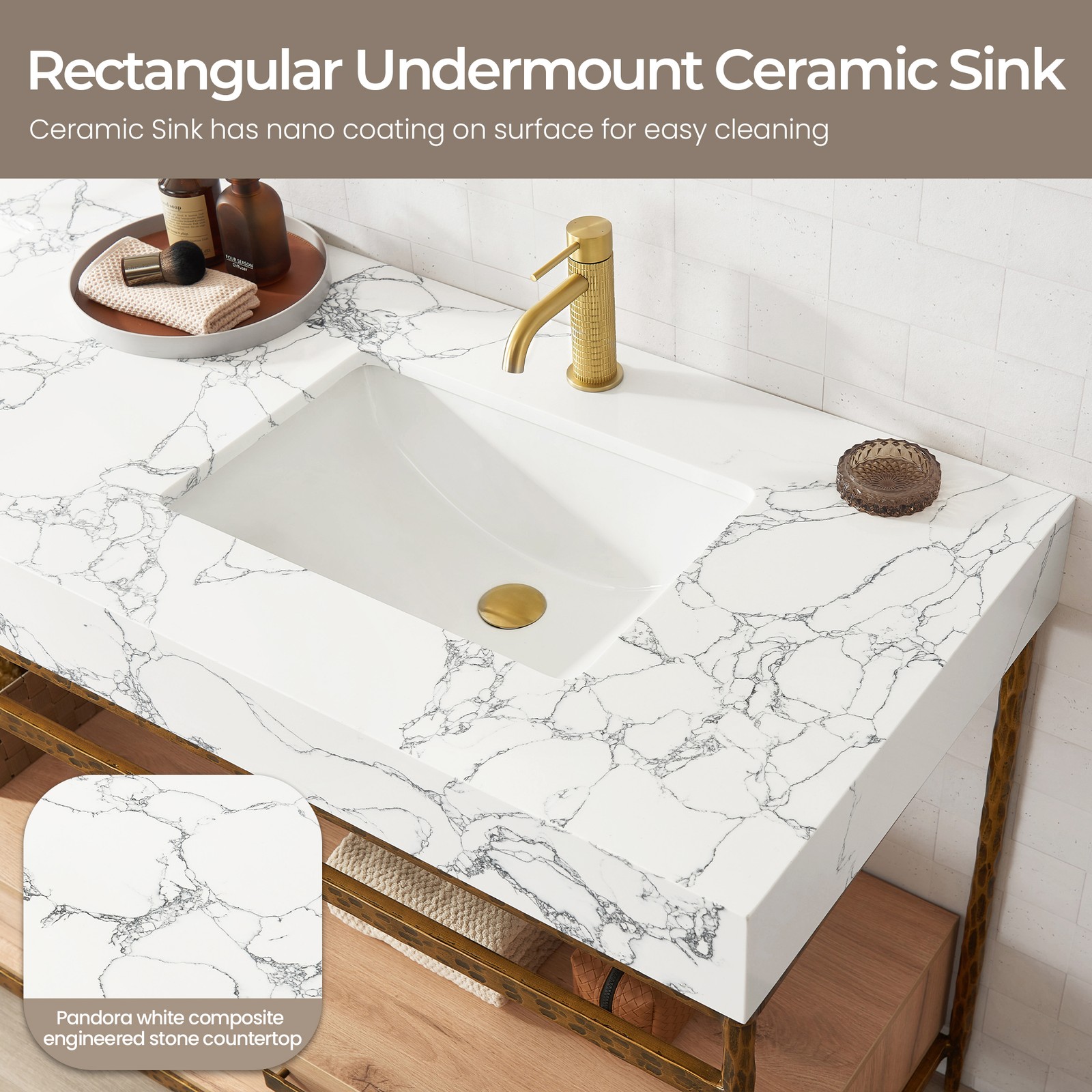 Dhaka 72″ Double Vanity in Yellow Bronze Metal Support with Composite Stone Top