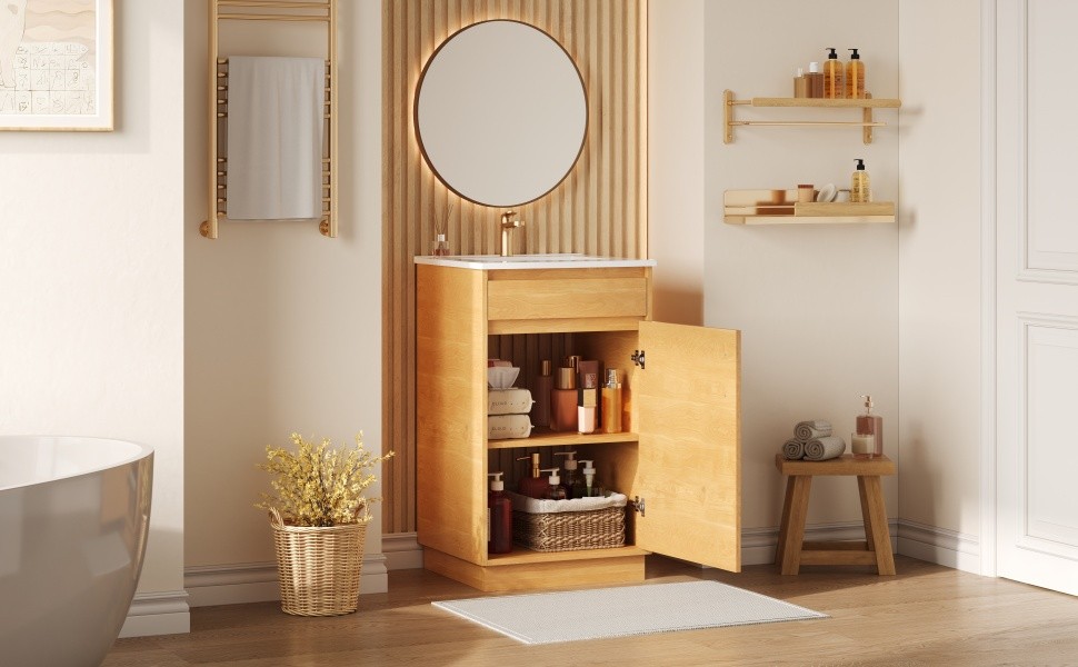 20″ Bathroom Vanity w/Ceramic Sink,Farmhouse Storage Cabinet w/Soft Closing Door