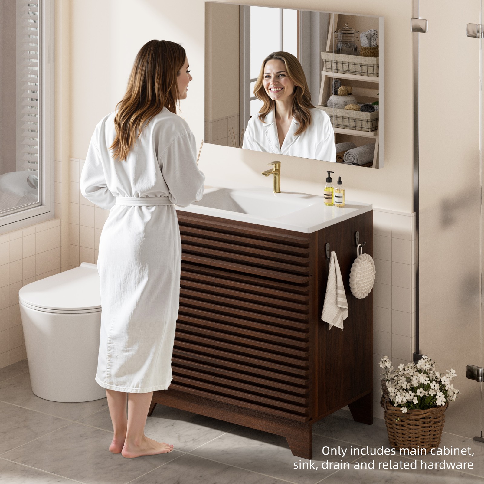 32 Inch Walnut Fluted Bathroom Vanity with Ceramic Sink, 2-Door Cabinet Modern