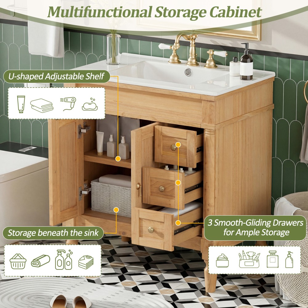30-Inch Modern Bathroom Vanity, Solid Wood Frame + MDF, 2 Doors 3 Drawers