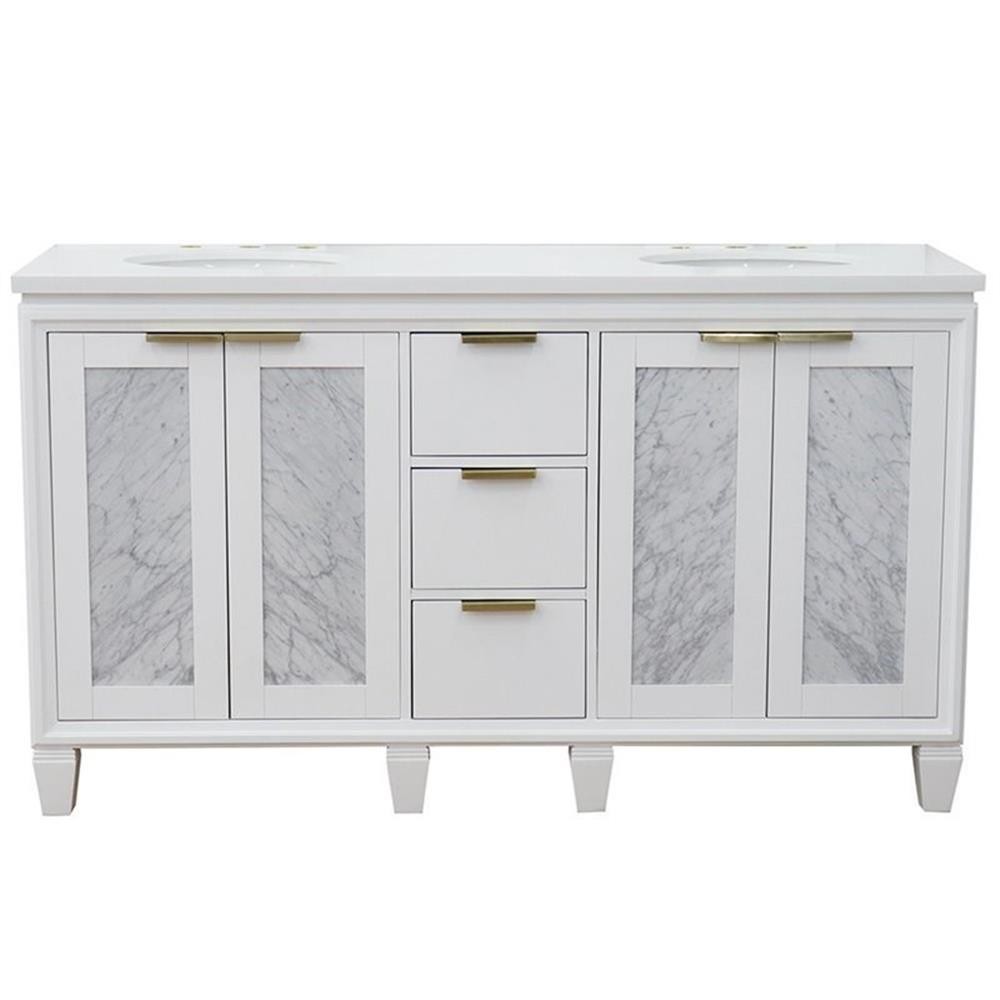Pemberly Row 61″ Double Oval Sink Solid Wood Vanity in White/White Quartz Stone