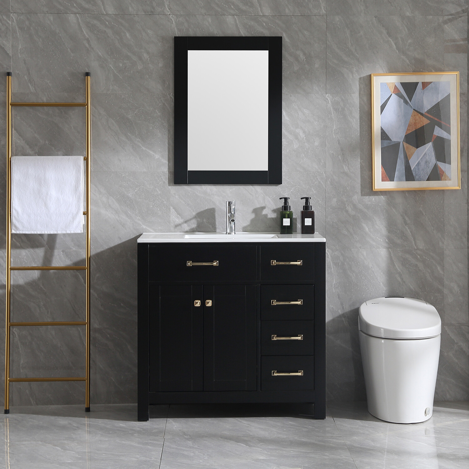 36″ Bathroom Vanity Cabinet Ceramic Sink Undermount W/Faucet Drain Mirror Modern