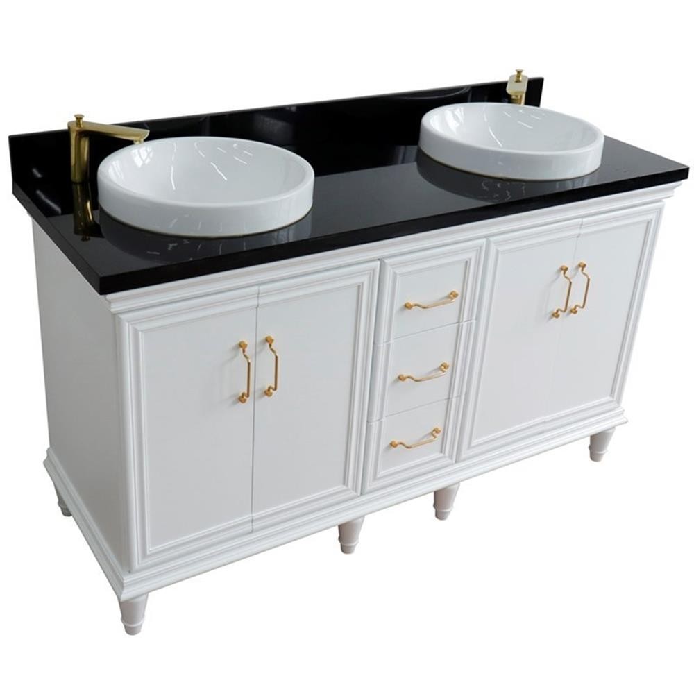 61 in. Double Wooden Vanity White Black Galaxy Granite Round Sink