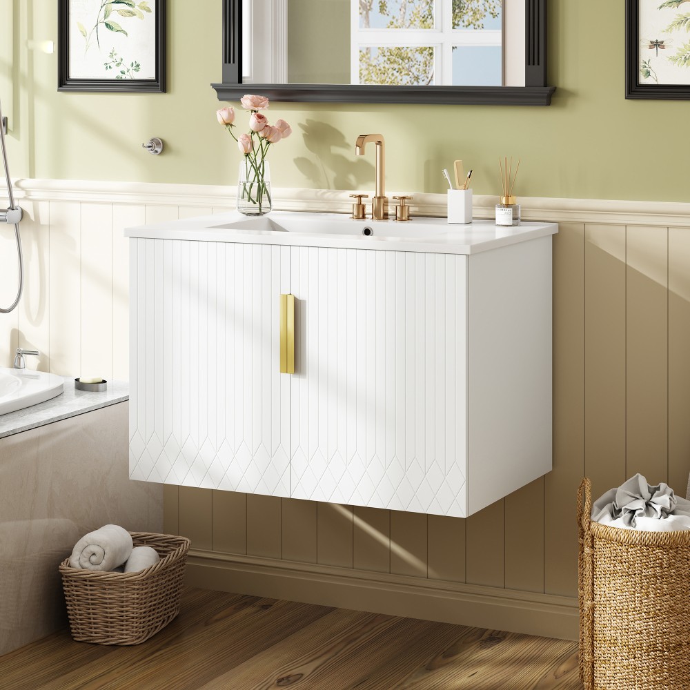 Bathroom Vanity W Ceramic Sink Three-Hole Mounting Features Two Soft-Close Doors
