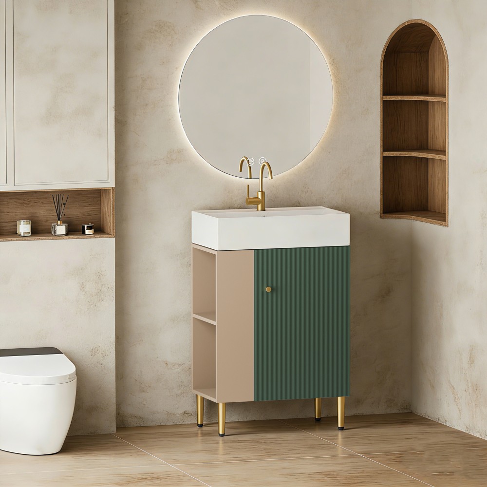 21.6″ Bathroom Vanity w/ Ceramic Sink, Soft-Close Door & Open Shelving, Green