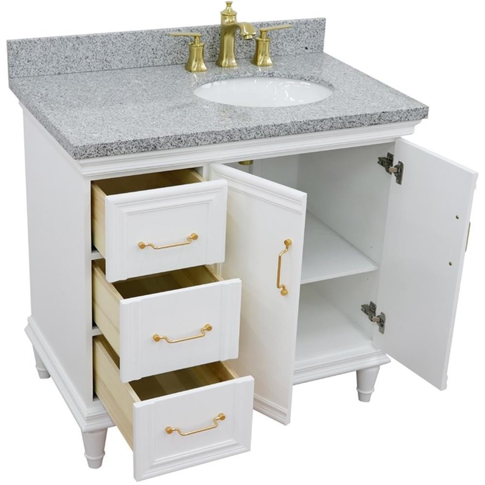 Pemberly Row 37″ Single Wood Vanity White Gray Granite Oval Right Door & Sink