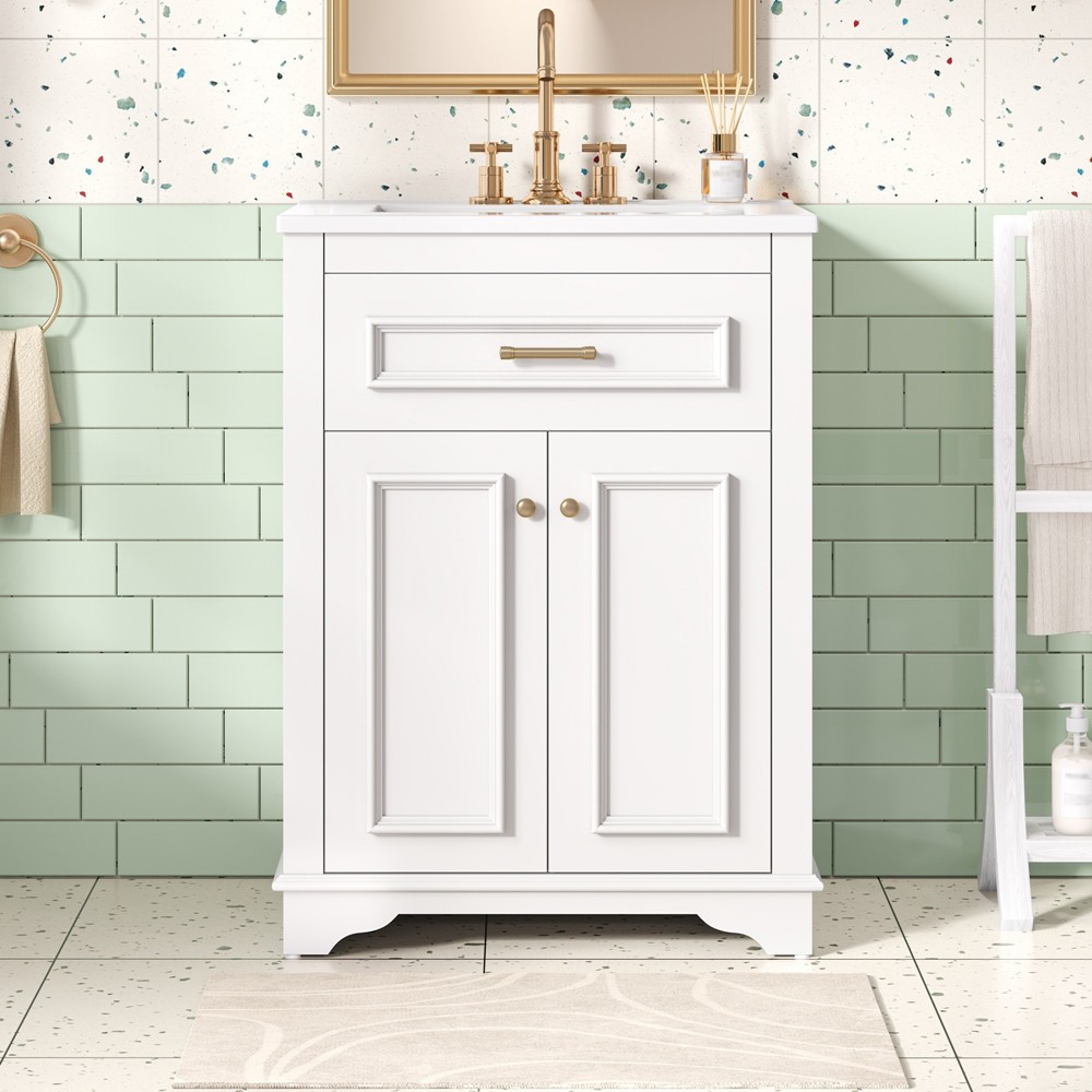 24″ Bathroom Vanity with Sink, Freestanding Bath Vanity Cabinet, Tip-Out Drawer