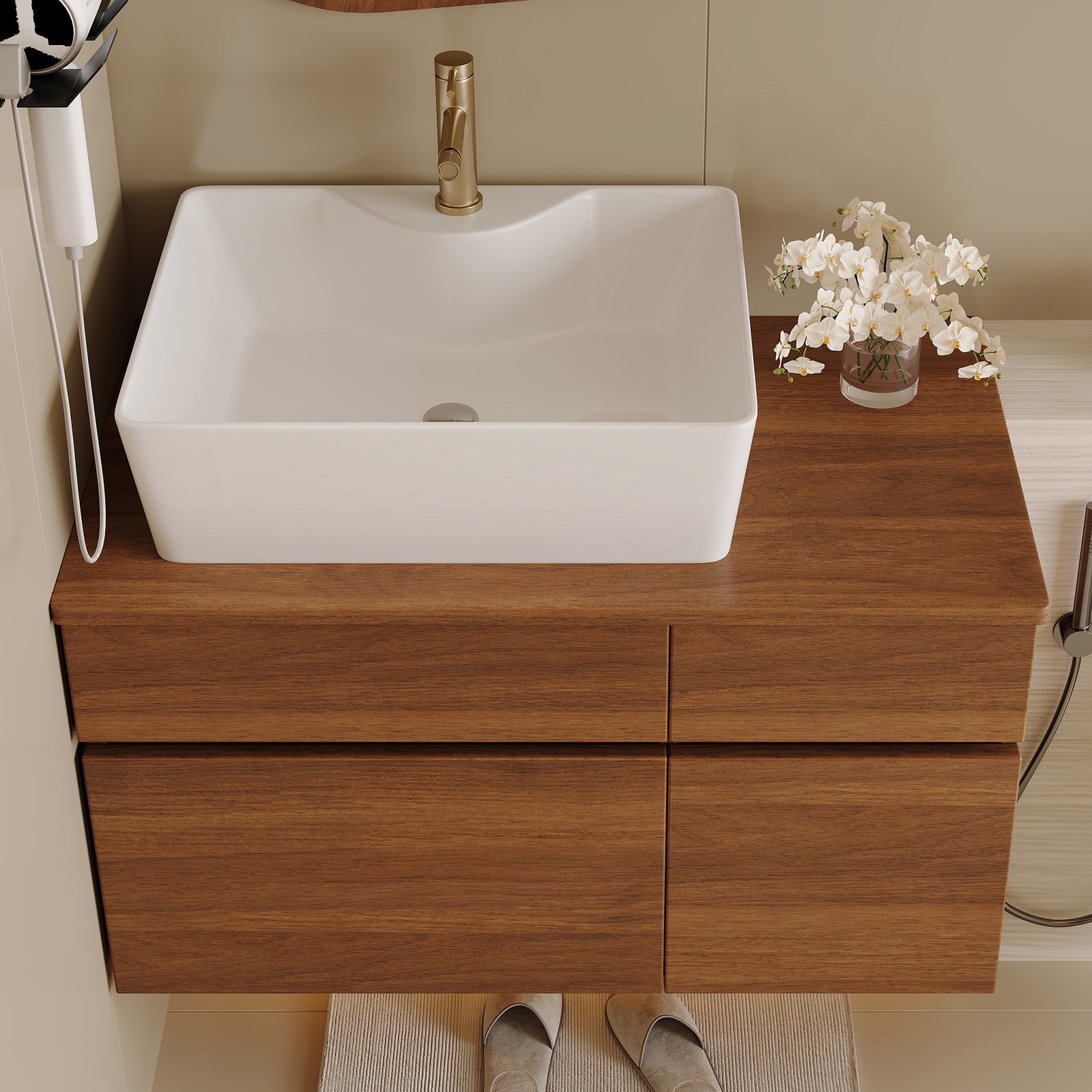 31.5In Plywood Walnut Floating Wall-Mounted Cabinet Vanity Ceramic Sink Bathroom