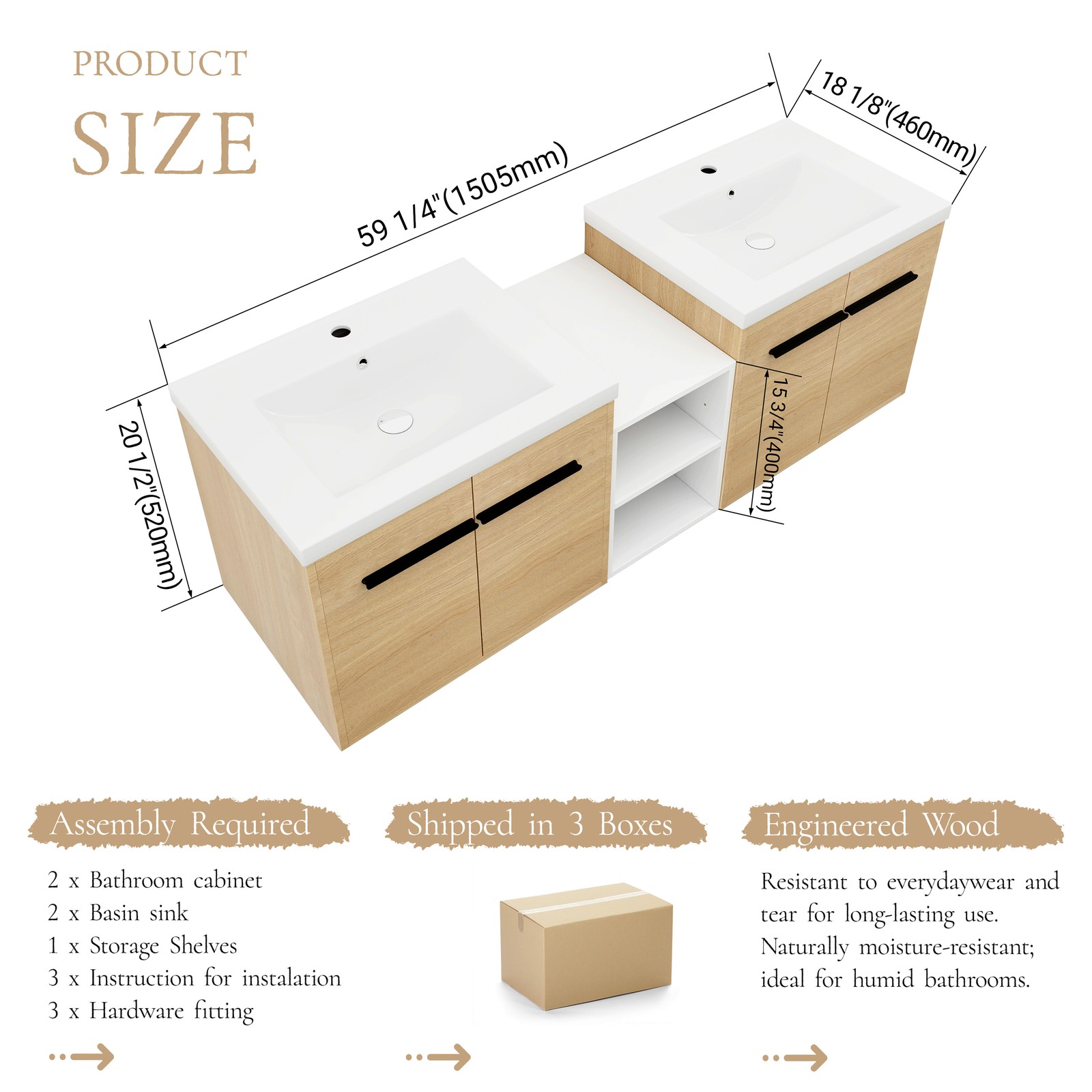 60 Inch Wall Mounted Bathroom Vanity with Resin Sink, 4 Doors & Shelves