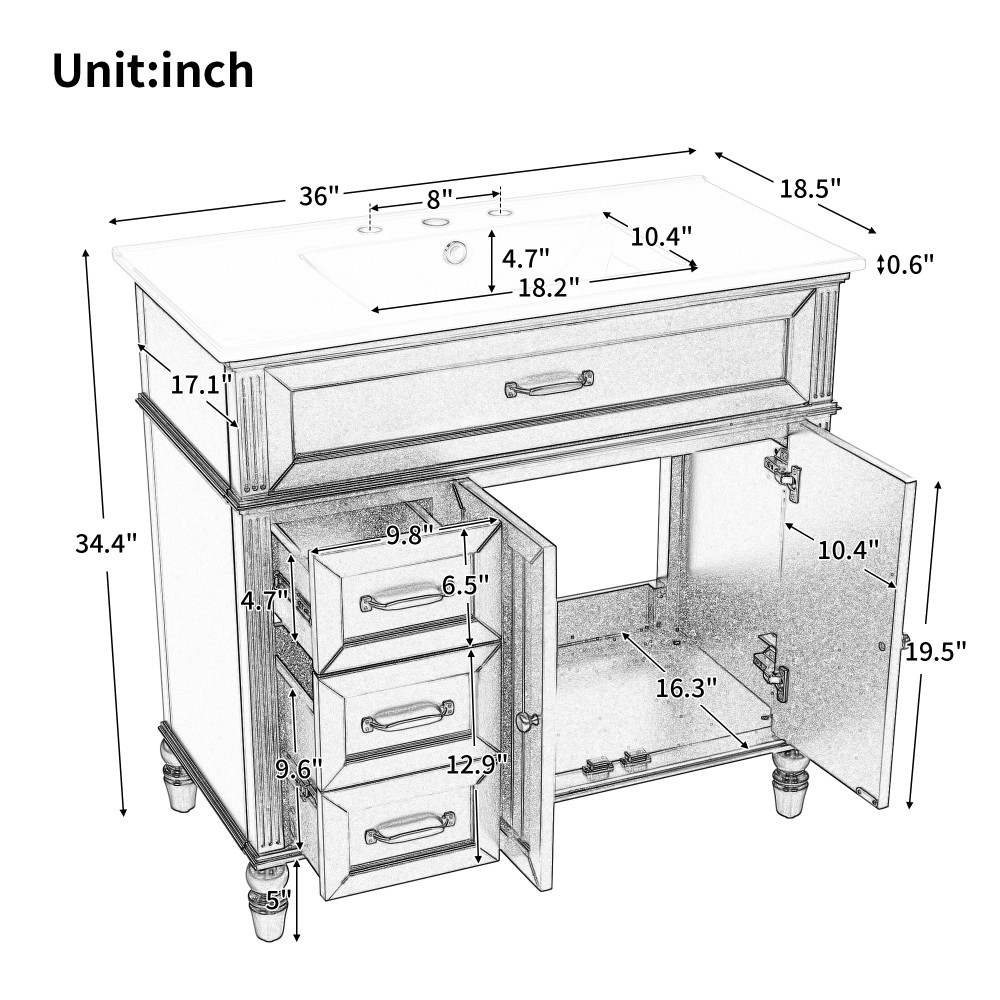 36″ Bathroom Vanity with Sink, Bathroom Cabinet with Drawers, Solid Frame