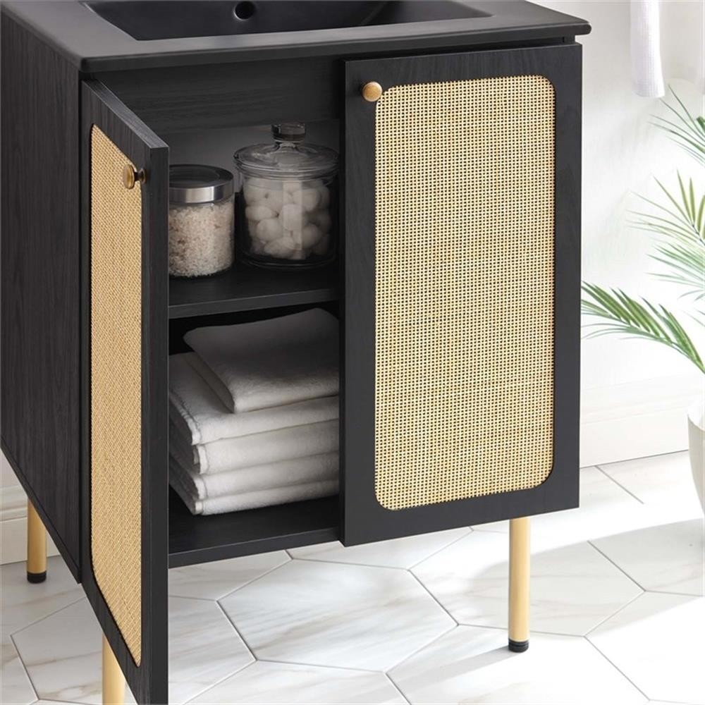 Modway Chaucer 24″ Wood & Rattan Bathroom Vanity with Adjustable Shelf in Black