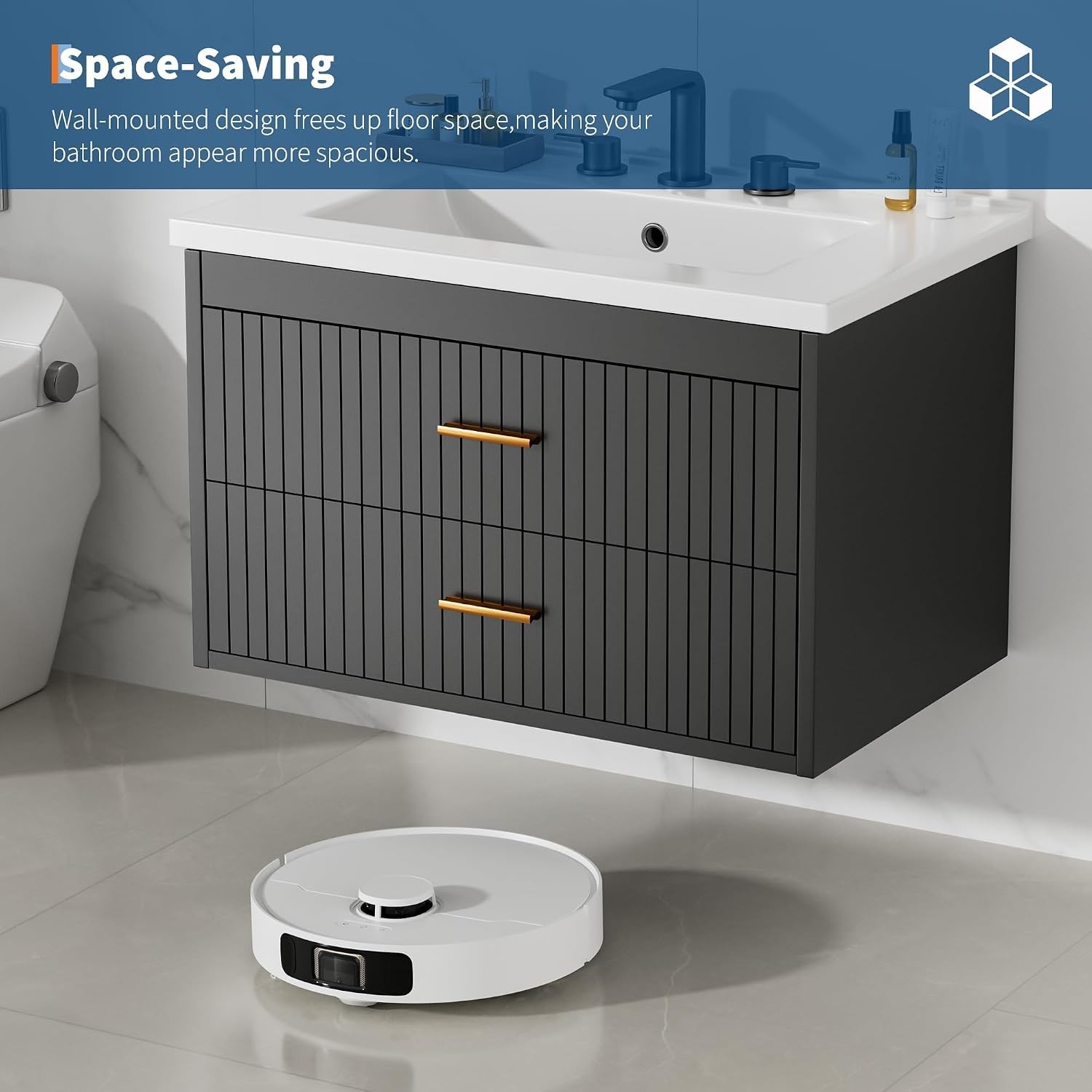30” Floating Fluted Bathroom Vanity w/ Ceramic Sink Wall Mounted Vanity Cabinet
