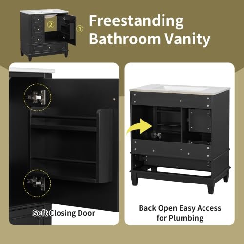 Bellemave 30″ Bathroom Vanity with Ceramic Sink & 3 Drawers, Bathroom Cabinet…