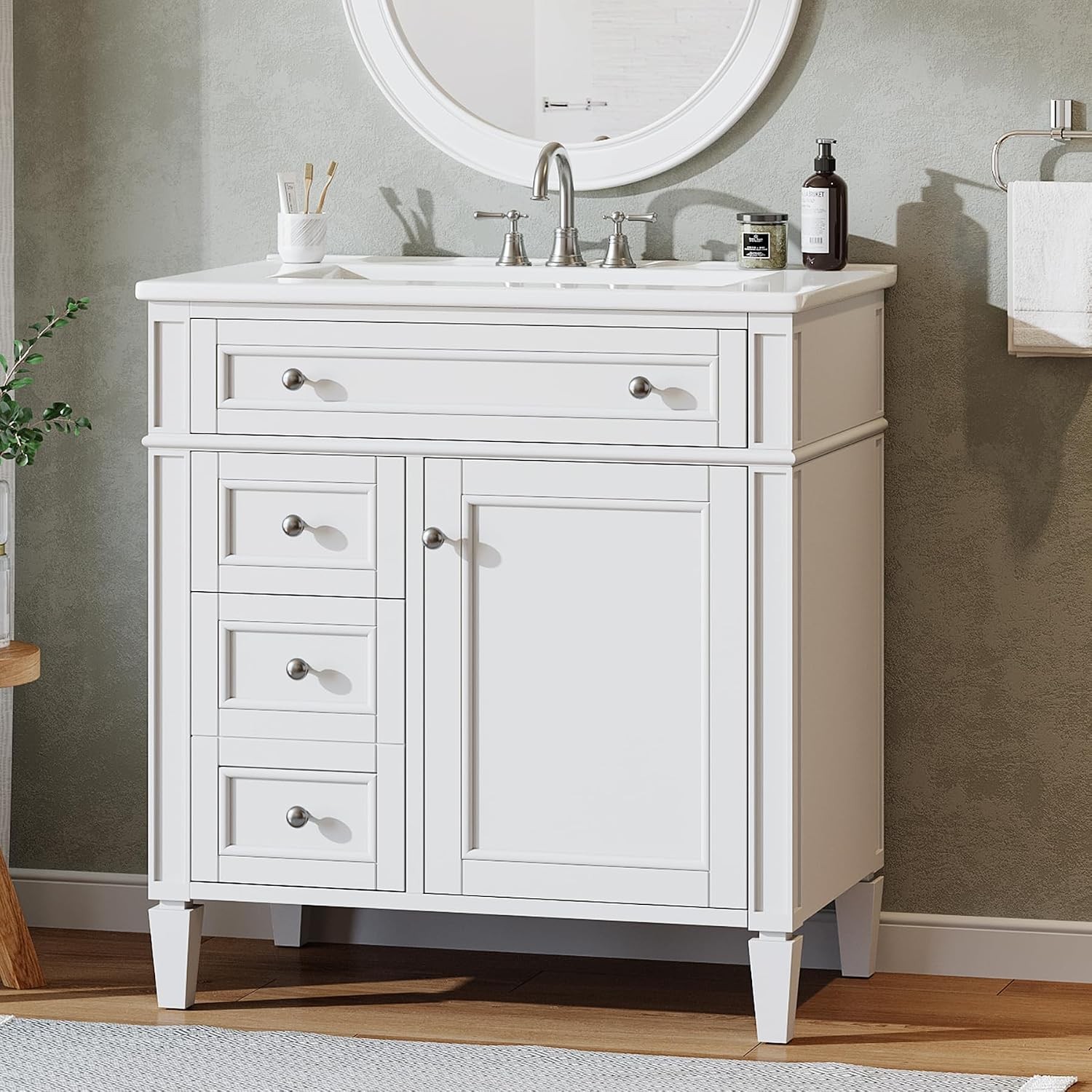 30″ Bathroom Vanity w/Ceramic Sink, 3 Drawers, Freestanding Bath Vanity Cabinet