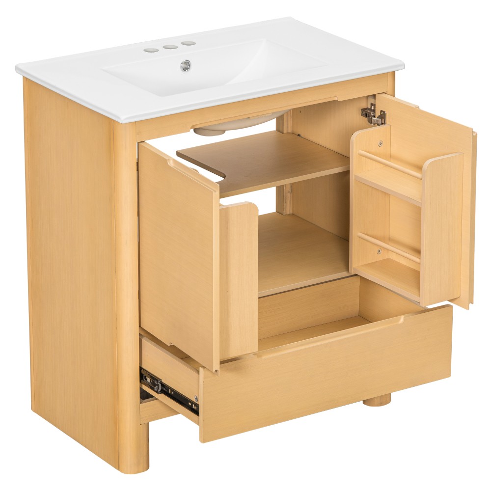 30″ Softened Modern Bathroom Vanity with Ceramic Sink, Natural Wood Grain